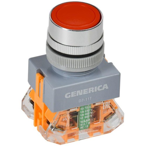 Кнопка D7-11T d22мм 1НО+1НЗ с фиксацией красн. GENERICA BBT50-11T-3-21-K04-G