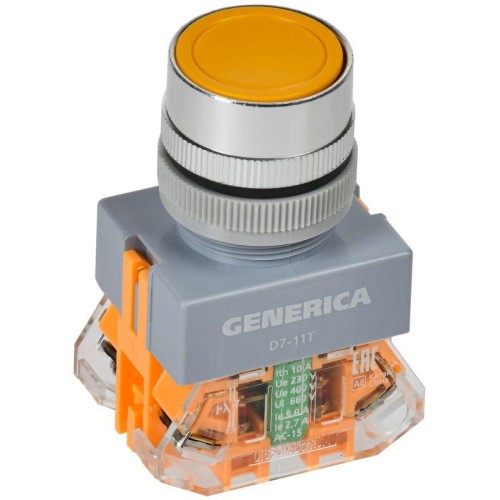 Кнопка D7-11T d22мм 1НО+1НЗ с фиксацией желт. GENERICA BBT50-11T-3-21-K05-G