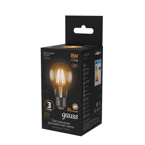Лампа светодиодная филаментная Black Filament 8Вт A60 грушевидная 2700К тепл. бел. E27 740лм GAUSS 1