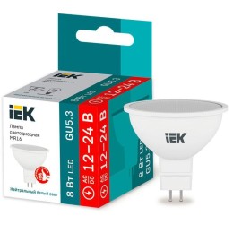 Лампа светодиодная 8Вт MR16 софит 4000К нейтр. бел. GU5.3 12-24В низковольтная IEK LLE-MR16-08-12-24
