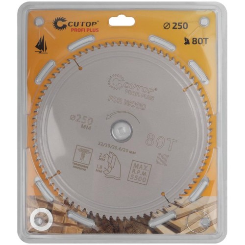 Диск пильный по дереву с тефлоновым покрытием 80Т Profi plus 250х1.8/2.6х32/30/25.4/20мм Cutop 75-25