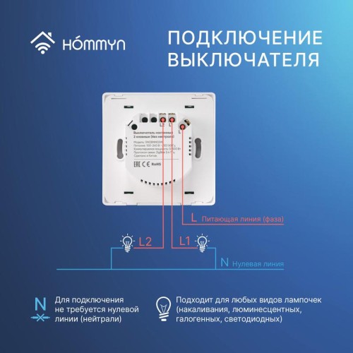 Выключатель настенный zigbee 2 клавиши (без нейтрали) SWZBNN02W HOMMYN НС-1587119