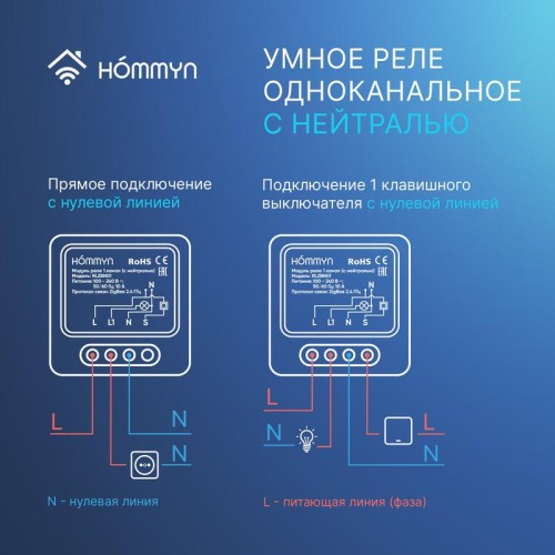 Модуль реле zigbee 1 канал (с нейтралью) RLZBN01 HOMMYN НС-1587121