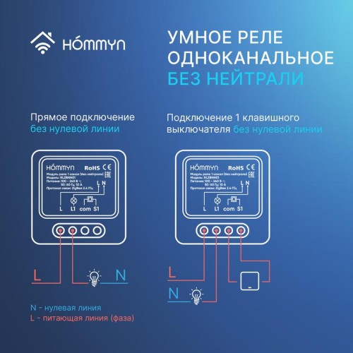 Модуль реле zigbee 1 канал (без нейтрали) RLZBNN01 HOMMYN НС-1587120