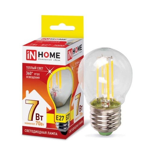 Лампа светодиодная LED-ШАР-deco 7Вт шар прозрачная 3000К тепл. бел. E27 810лм 230В IN HOME 469061201
