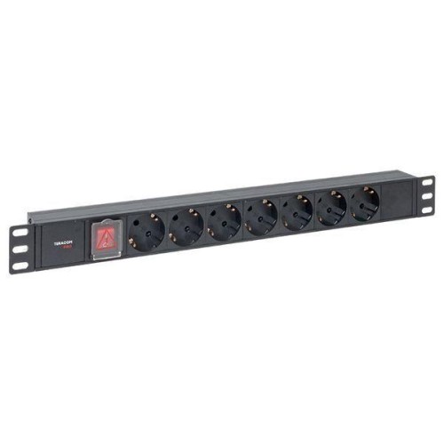 Блок PDU TERACOM PRO 19дюйм 1U 10А 250В 7-м Schuko с выкл. без шнура питания вх. разъем C14 алюм. че