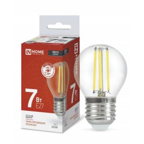 Лампа светодиодная LED-ШАР-deco 7Вт шар прозрачная 4000К нейтр. бел. E27 810лм 230В IN HOME 46906120