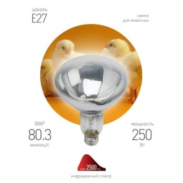 Излучатель тепловой (лампа инфракрасная) ИКЗ 220-250 R127 250Вт E27 для обогрева животных и освещени