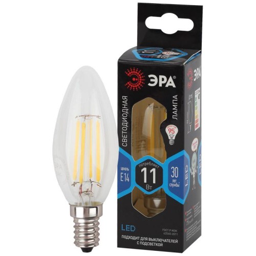 Лампа светодиодная филаментная F-LED B35-11W-840-E14 11Вт B35 свеча 4000К нейтр. бел. E14 Эра Б00469