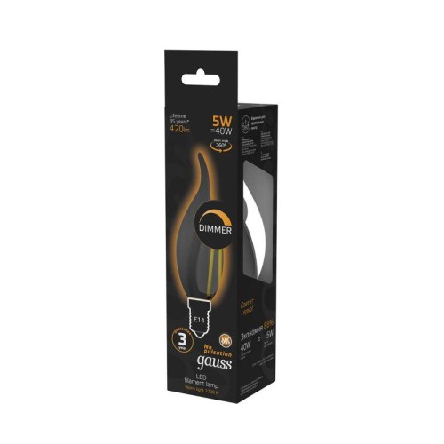 Лампа светодиодная филаментная Black Filament 5Вт свеча на ветру 2700К тепл. бел. E14 420лм диммир.