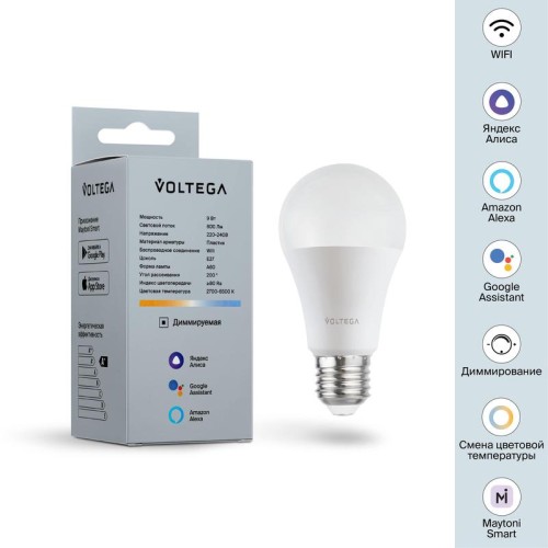 Лампа светодиодная Wi-Fi A60 9Вт 2700К-6500К E27 MIX DIM Voltega 2429