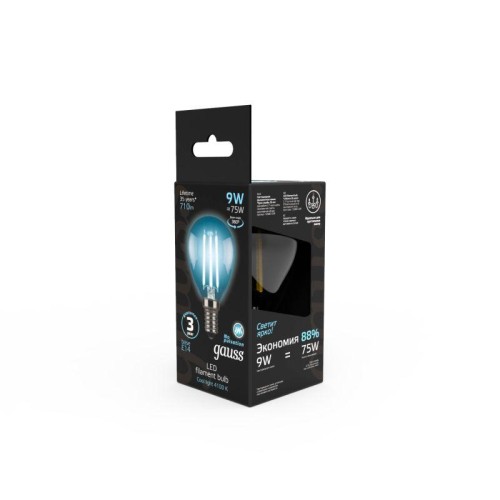 Лампа светодиодная филаментная Black Filament 9Вт P45 шар 4100К нейтр. бел. E14 710лм GAUSS 10580120