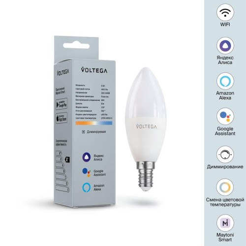 Лампа светодиодная Wi-Fi Candle 5Вт 2700К-6500К E14 MIX DIM Voltega 2427