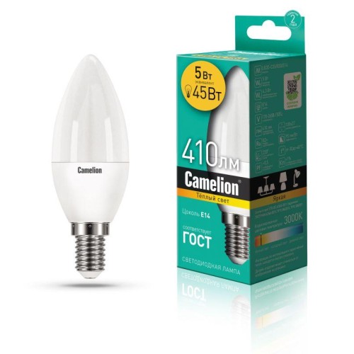 Лампа светодиодная LED5-C35/830/E14 5Вт свеча матовая 3000К тепл. бел. E14 410лм 170-265В Camelion 1
