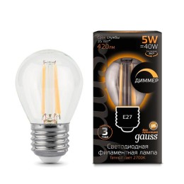 Лампа светодиодная филаментная Black Filament 5Вт P45 шар 2700К тепл. бел. E27 420лм диммир. GAUSS 1