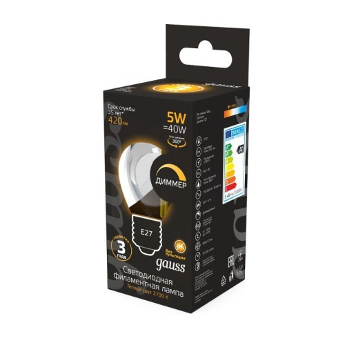 Лампа светодиодная филаментная Black Filament 5Вт P45 шар 2700К тепл. бел. E27 420лм диммир. GAUSS 1