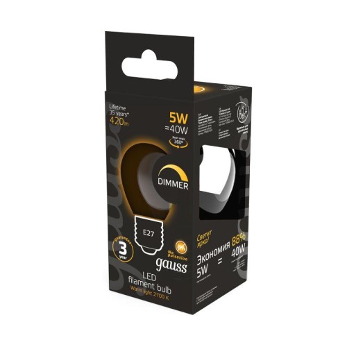 Лампа светодиодная филаментная Black Filament 5Вт P45 шар 2700К тепл. бел. E27 420лм диммир. GAUSS 1