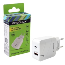 Адаптер сетевой 18Вт 1USB+1Type C 100-220В 5-9В/3А QC коробка бел. Ergolux 15252