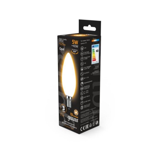 Лампа светодиодная филаментная Black Filament 5Вт свеча матовая 2700К тепл. бел. E14 420лм GAUSS 103