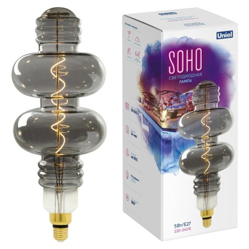 Лампа светодиодная филаментная LED-SF42-5W/SOHO/E27/CW CHROME/SMOKE GLS77CR SOHO спиральный филамент