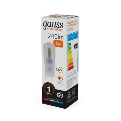 Лампа светодиодная Elementary 3Вт капсульная 3000К тепл. бел. G4 240лм пластик GAUSS 14913