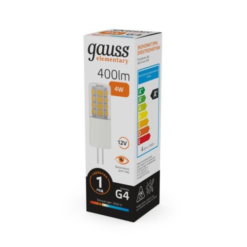 Лампа светодиодная Elementary 4Вт капсульная 3000К тепл. бел. G4 400лм DC 12В GAUSS 10714