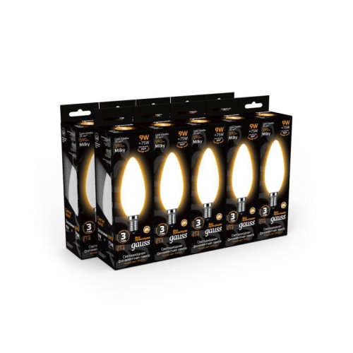 Лампа светодиодная филаментная Black Filament 9Вт свеча матовая 3000К тепл. бел. E14 590лм GAUSS 103