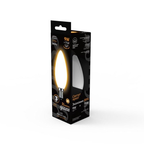 Лампа светодиодная филаментная Black Filament 9Вт свеча матовая 3000К тепл. бел. E14 590лм GAUSS 103