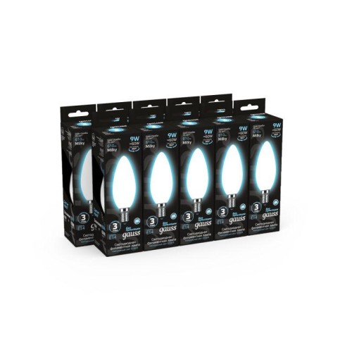 Лампа светодиодная филаментная Black Filament 9Вт свеча матовая 4100К нейтр. бел. E14 610лм GAUSS 10