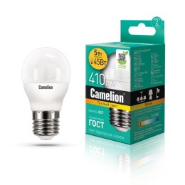 Лампа светодиодная LED5-G45/830/E27 5Вт шар матовая 3000К тепл. бел. E27 410лм 170-265В Camelion 120