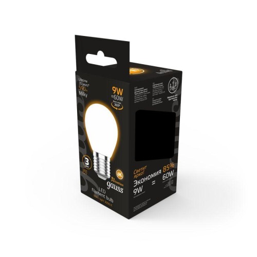 Лампа светодиодная филаментная Black Filament 9Вт P45 шар матовая 3000К тепл. бел. E27 590лм GAUSS 1