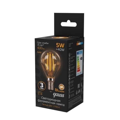 Лампа светодиодная филаментная Filament 5Вт шар 2700К тепл. бел. E14 400лм golden GAUSS 105801005