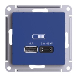 Розетка USB AtlasDesign тип A+C 45Вт высокоскор. ЗУ QC PD механизм аквамарин SE ATN001129