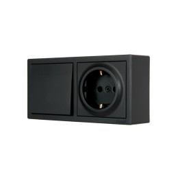 Блок выключатель 1-клав. проходной и розетка 1-местн с заземл. LETO черн. бархат горизонталь LEZARD