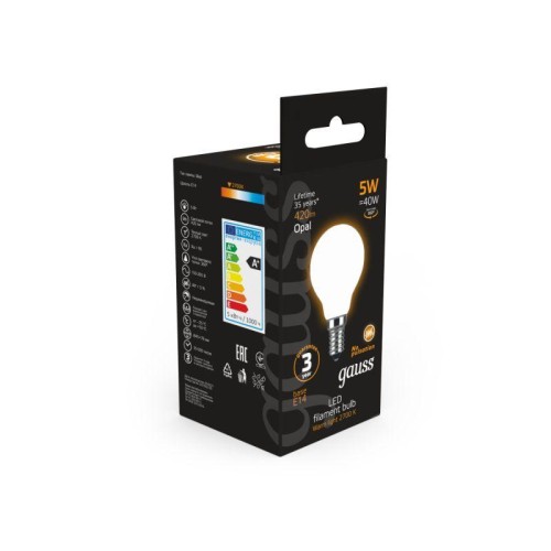 Лампа светодиодная филаментная Black Filament 5Вт P45 шар матовая 2700К тепл. бел. E14 420лм GAUSS 1