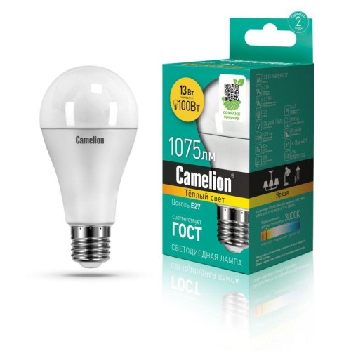 Лампа светодиодная LED13-A60/830/E27 13Вт грушевидная матовая 3000К тепл. бел. E27 1075лм 170-265В C