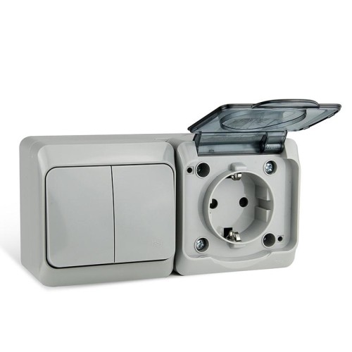 Блок ОП Nix (розетка 16А 250В с заземл. + 2-кл. выкл. 10А) IP54 сер. TOKOV ELECTRIC TKE-NX-V2RZ-C06T