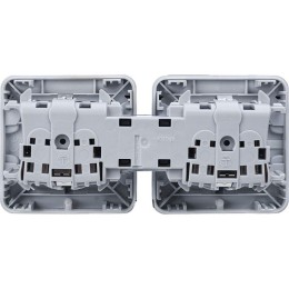 Розетка 2-м СП Plexo 16А IP55 горизонт. 2х2P+E с заземл. с крышкой немецк. стандарт механизм сер. Le