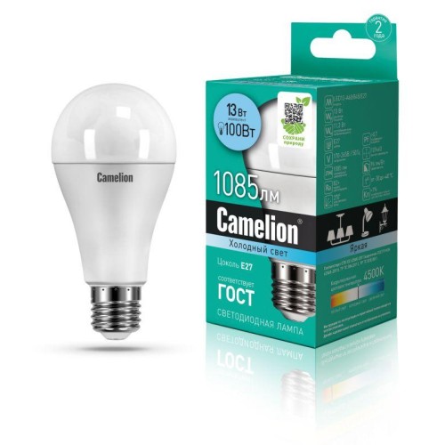 Лампа светодиодная LED13-A60/845/E27 13Вт грушевидная матовая 4500К бел. E27 1085лм 170-265В Camelio