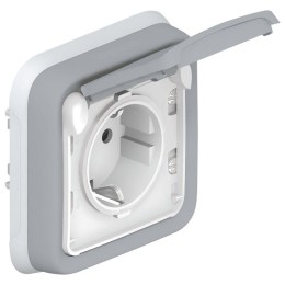 Розетка 1-м СП Plexo 16А IP55 250В 2P+E с заземл. с крышкой немецк. стандарт винт. клеммы сер. Leg 0