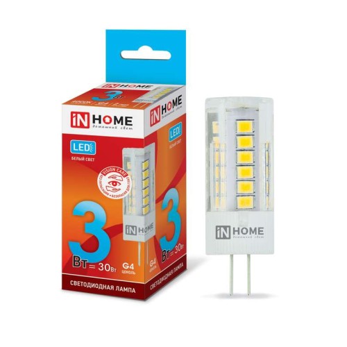 Лампа светодиодная LED-JC-VC 3Вт капсульная 4000К нейтр. бел. G4 260лм 12В IN HOME 4690612019796