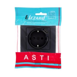 Розетка 1-м СП ASTI 16А IP20 с заземл. с заряд. устройством USB в сборе черн. бархат. LEZARD 7081-42