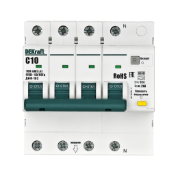 Выключатель автоматический дифференциального тока (АВДТ) 3P+N 10А 100мА A х-ка C ДИФ-103 6кА DEKraft