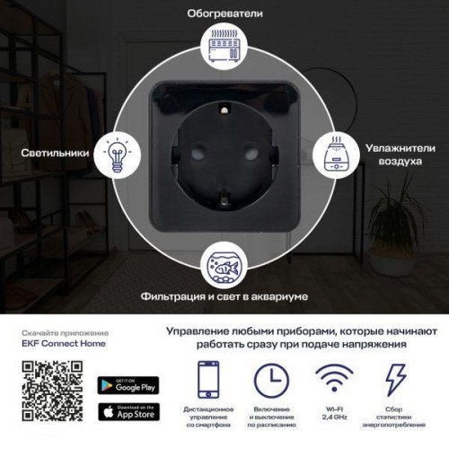Розетка умная Wi-Fi PRO 1-м 16А IP20 черн. Connect EKF RCS-2-WF