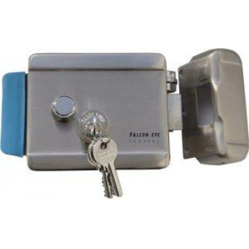 Замок электромех. Falcon Eye 2369 142х105х35 12В (хромированный); три ключа; блокируемая кнопка выхо