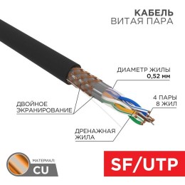 Кабель витая пара SF/UTP кат.5e 4х2х0.51 24AWG solid PE OUTDOOR медь наружн. прокл. черн. (м) Rexant