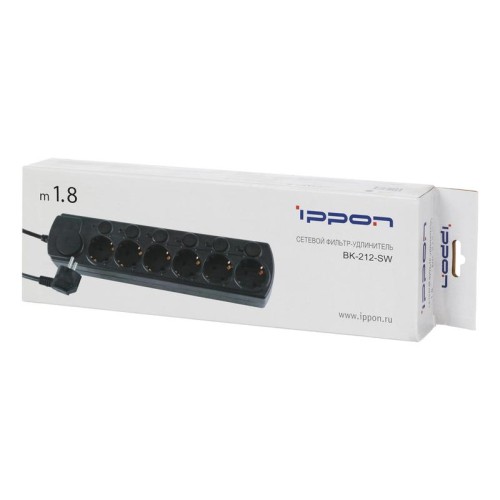 Удлинитель с сетевым фильтром 6х1.8м с заземл. 10А IP20 черн. IPPON 1192736