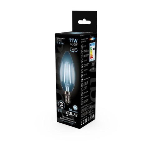 Лампа светодиодная филаментная Black Filament 11Вт свеча 4100К нейтр. бел. E14 830лм GAUSS 103801211