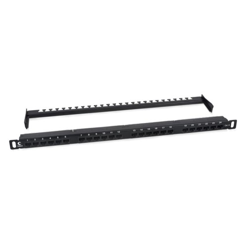 Патч-панель 19дюйм 0.5U 24 порта RJ45 кат.6 Dual IDC 180град. высокой плотности с задн. кабельн. орг
