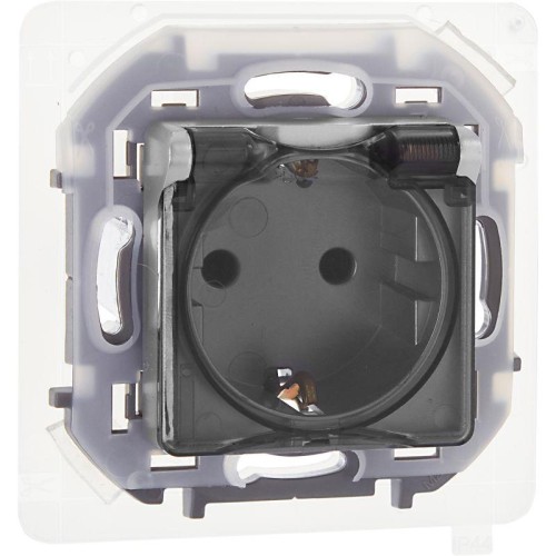 Розетка 1-м СП Inspiria 16А IP44 250В 2P+E защ. шторки с крышкой немецк. стандарт механизм алюм. Leg